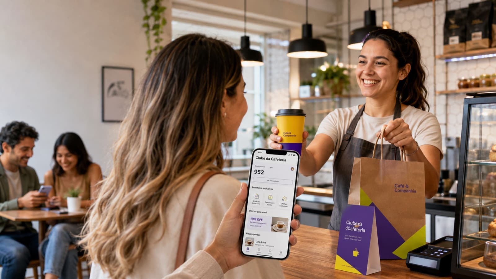 Cliente mostrando a carteira digital Looup para a atendente